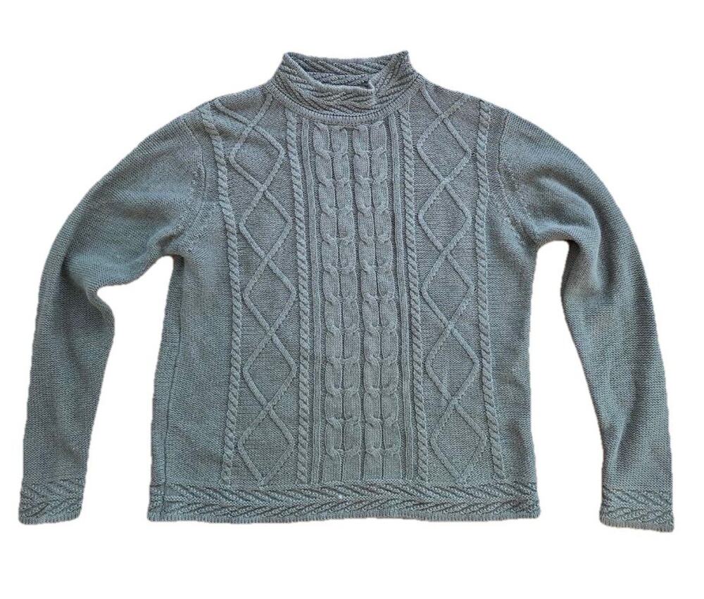 Fred Thomas Cable Knit Sweater Ramie Cotton chunky knit Green Top Small A001053